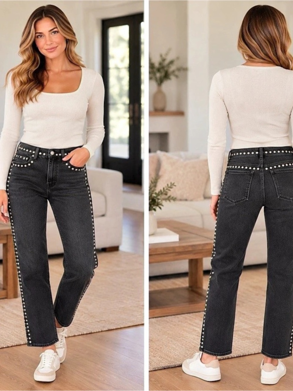 Good American Good Legs Straight Studded Jeans Black Waist 28